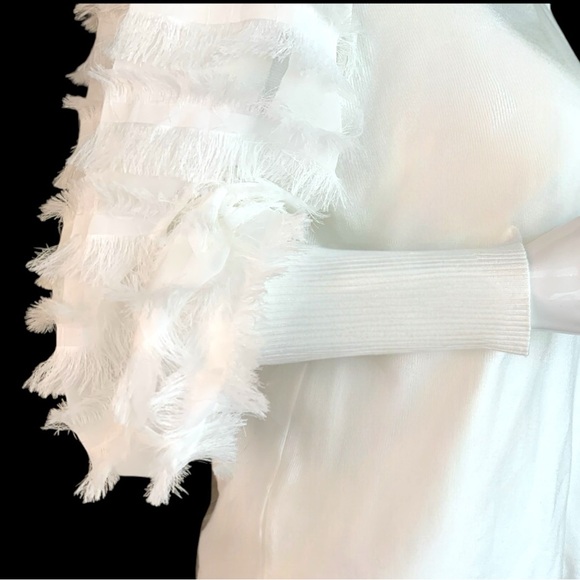 SIONI MILANO WHITE MOCK NECK FRINGE TRIM LONG SLEEVE SWEATER. WOMEN’S SIZE LARGE - Picture 5 of 7
